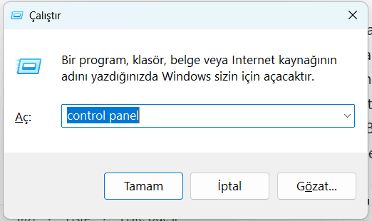 Windows Denetim Masası Nasıl Açılır? 2 Calistir komutu ile denetim masasini acma