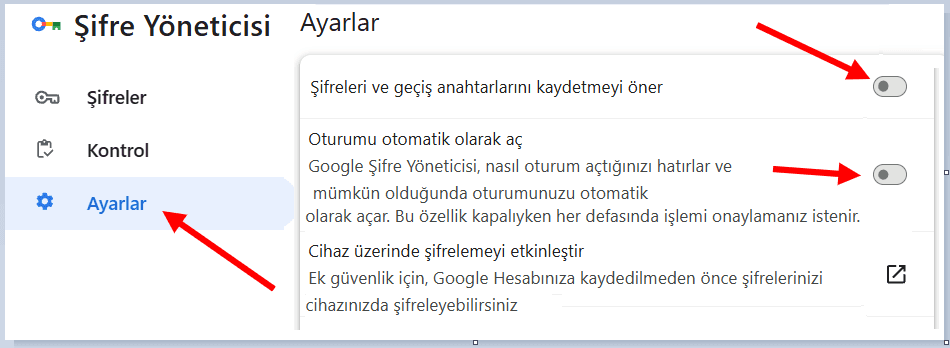 Masaustu Sifre Kaydetme Bildirimi Kapatma