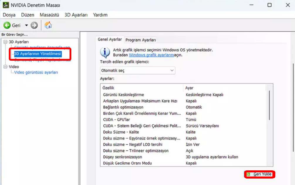 NVIDIA Ekran Kartı Ayarlarını Sıfırlama