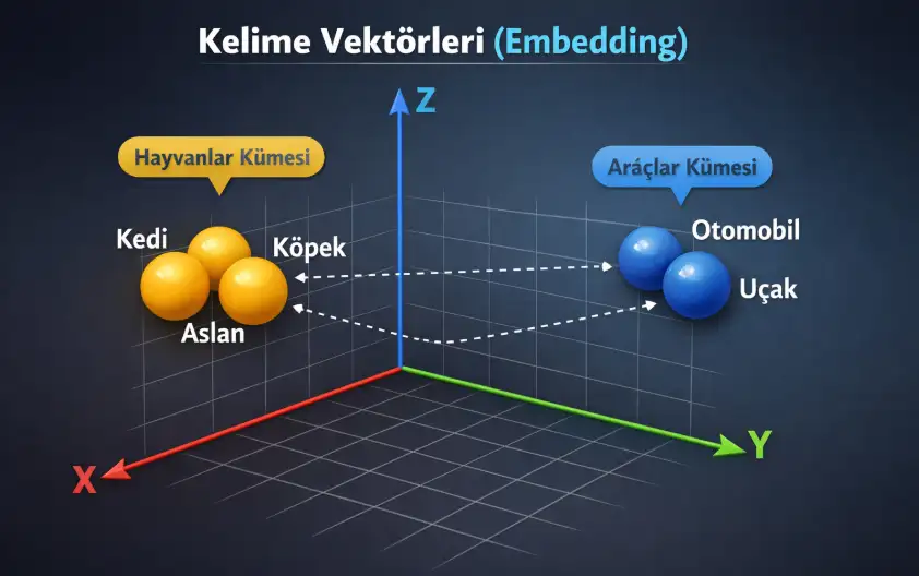 Embedding Nedir? En İyi Açık Kaynak Embedding Modelleri 2 NLP alanındaki Kelime Vektörleri (Word Embeddings) kavramı basit bir 3D uzayda somutlaştırılmıştır.